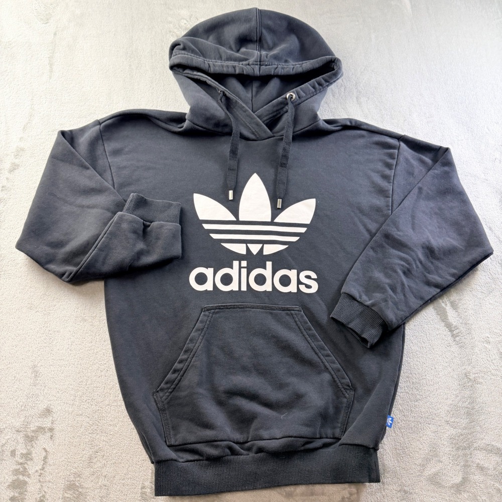 Adidas Originals Trefoil Hoodie Men's XS Black White Graphic Pullover Sweatshirt